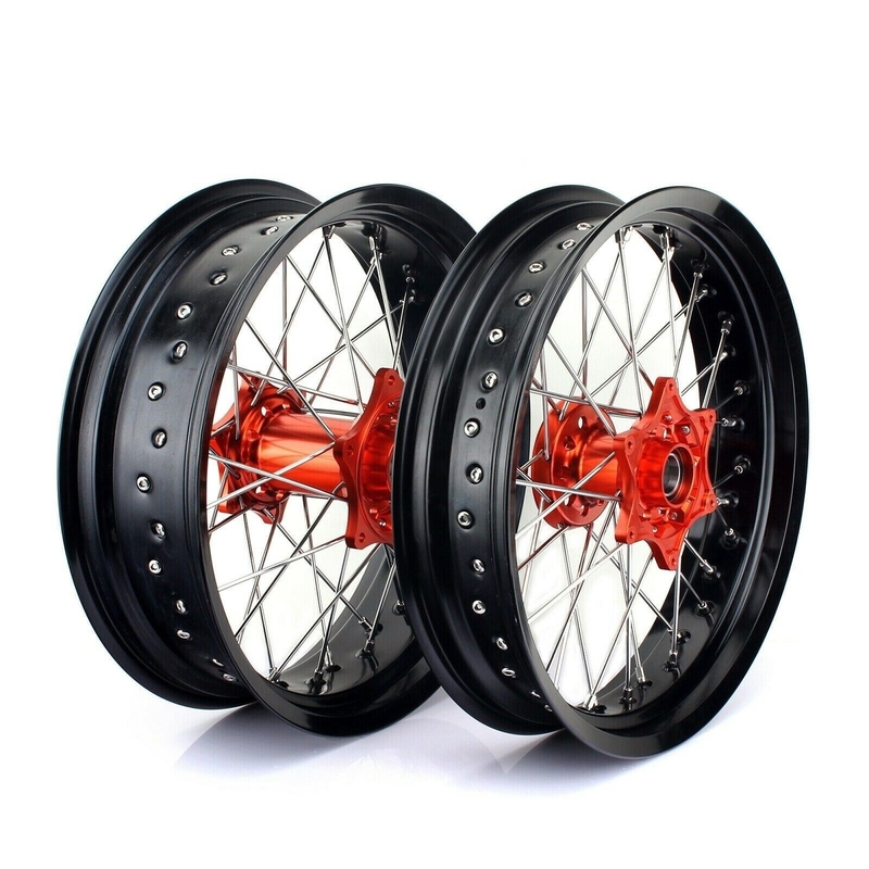 3.50x17&quot; 4,25x17&quot; Supermoto Alloy Räder für SX SXF EXC 125-530 Schwarze Felgen und orangefarbene Drehscheiben